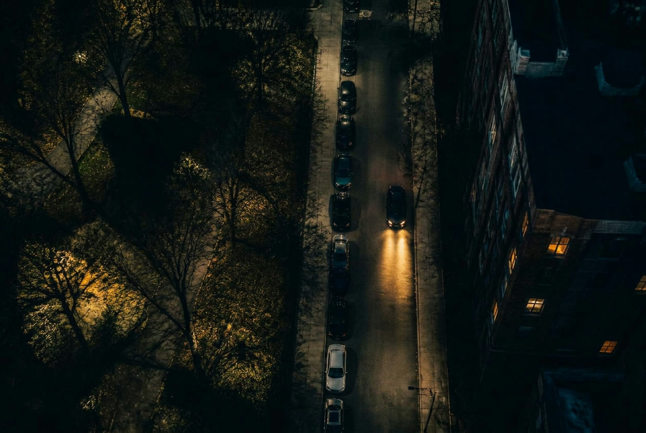Aerial night photograph of a dark city street; one car's headlights glow as the only breadcrumb of light