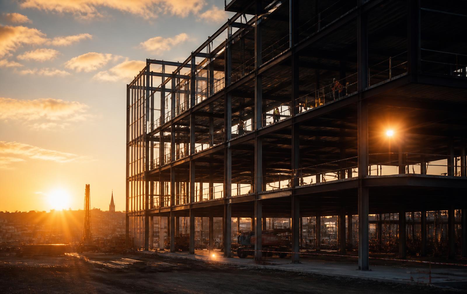 A modern steel and glass building frame rising at sunrise, warm golden light filling the structure, workers visible as silhouettes