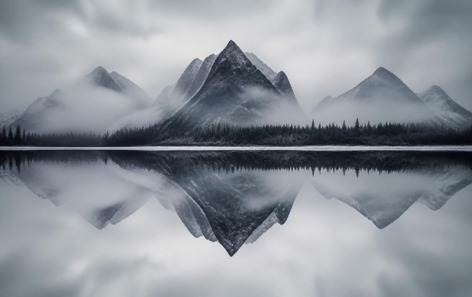 A mountain range mirrored perfectly in still water so the image reads the same inverted