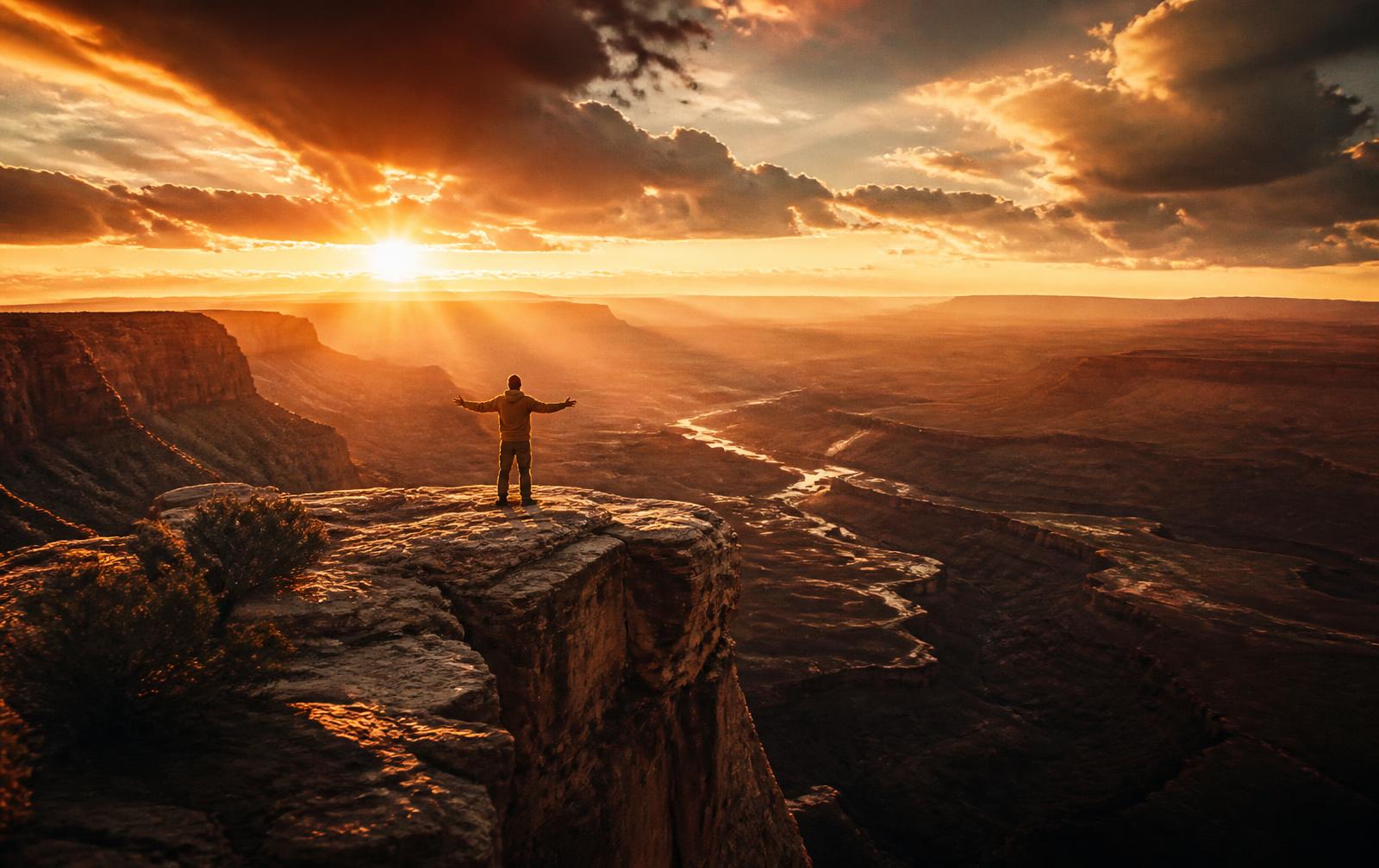 A confident figure standing at the edge of a vast canyon at golden hour, arms open to the sunrise